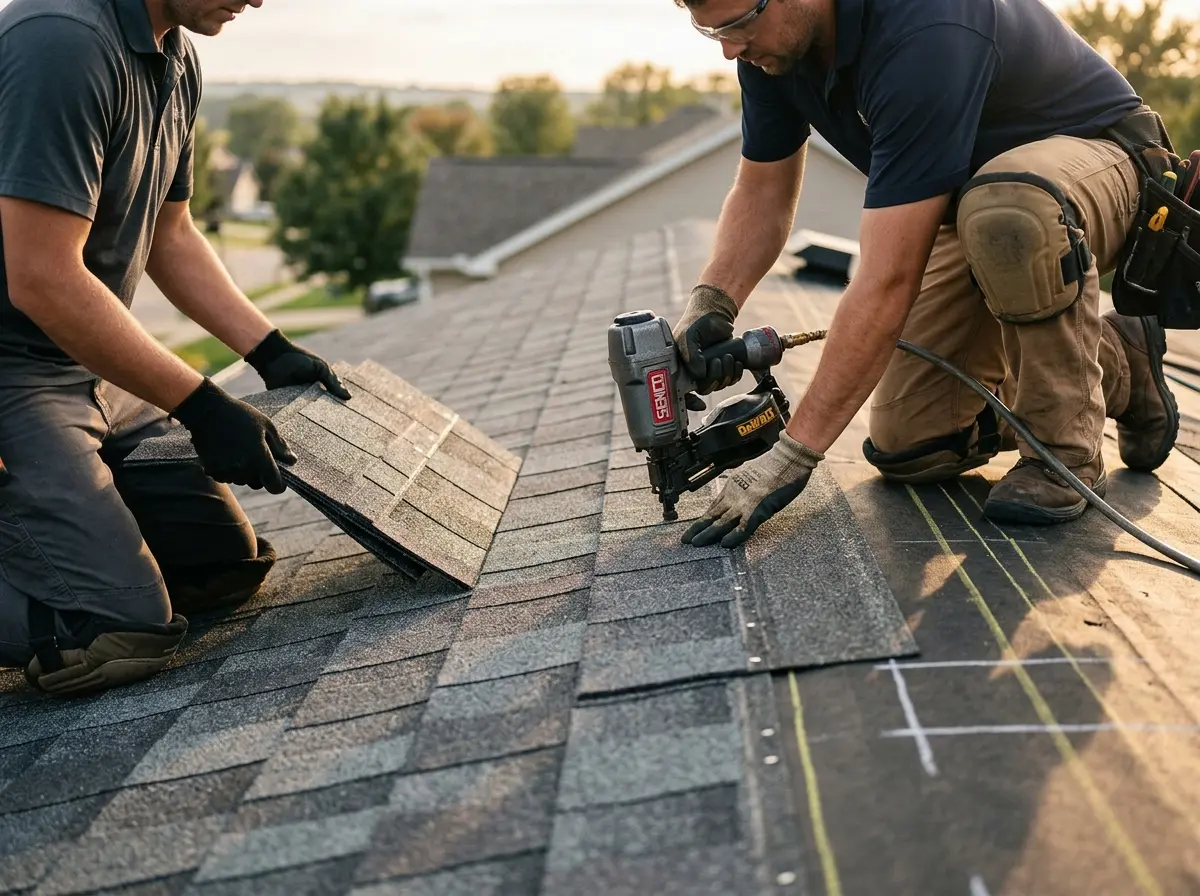 Professional roofer working on a residential roof in Elburn